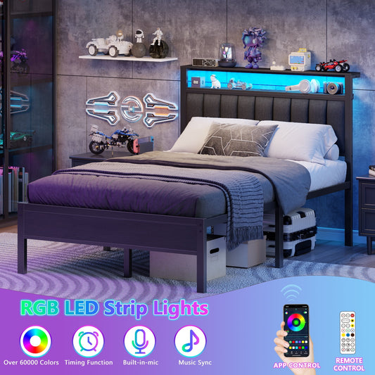 Satifur Full Bed Frame with Upholstered Headboard, Steel Slats Support, No Box Spring Needed