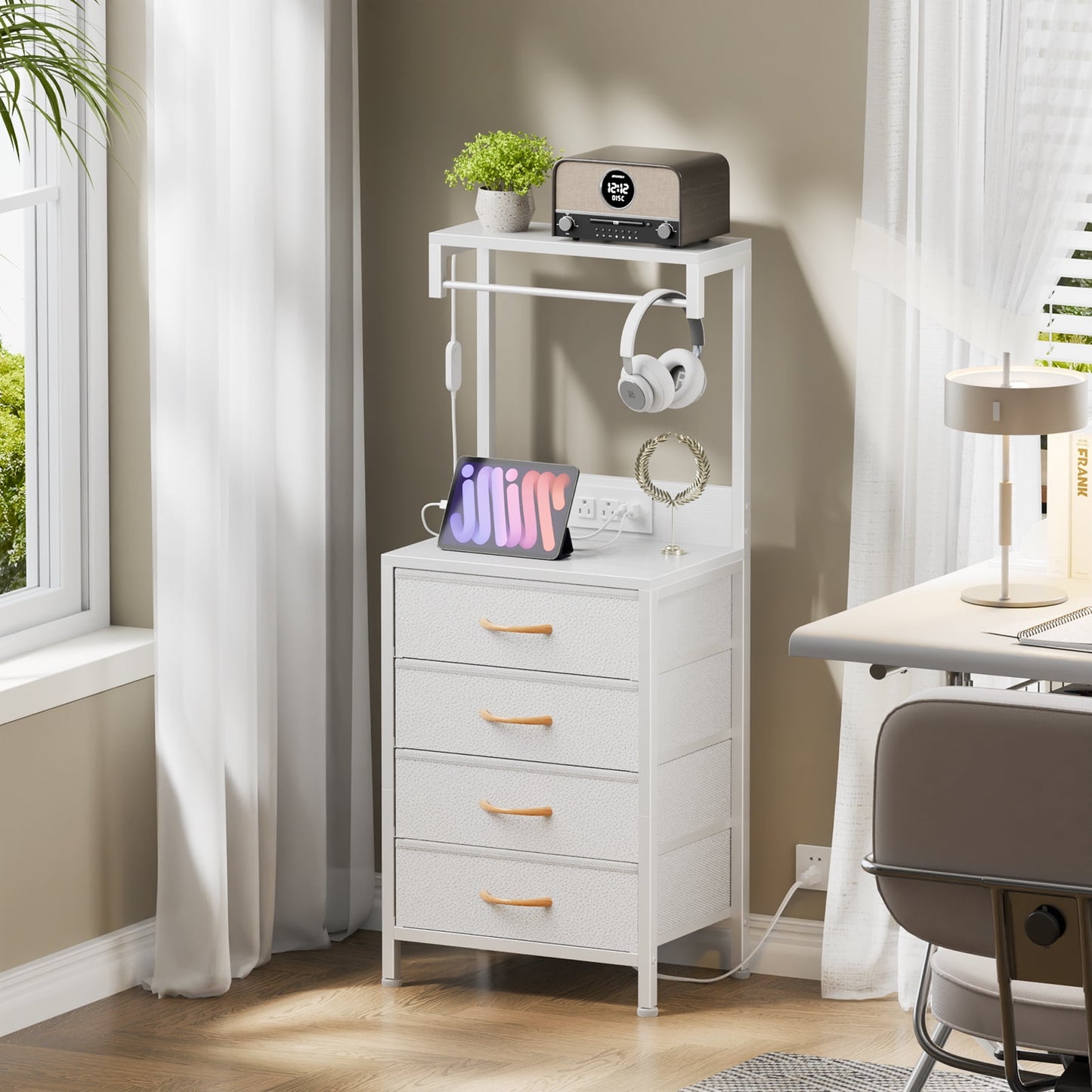Satifur Tall Nightstand with Charging Station and Drawers, Bedside Table with 4 Fabric Drawers, LED Lights, and 2 Storage Shelves, White