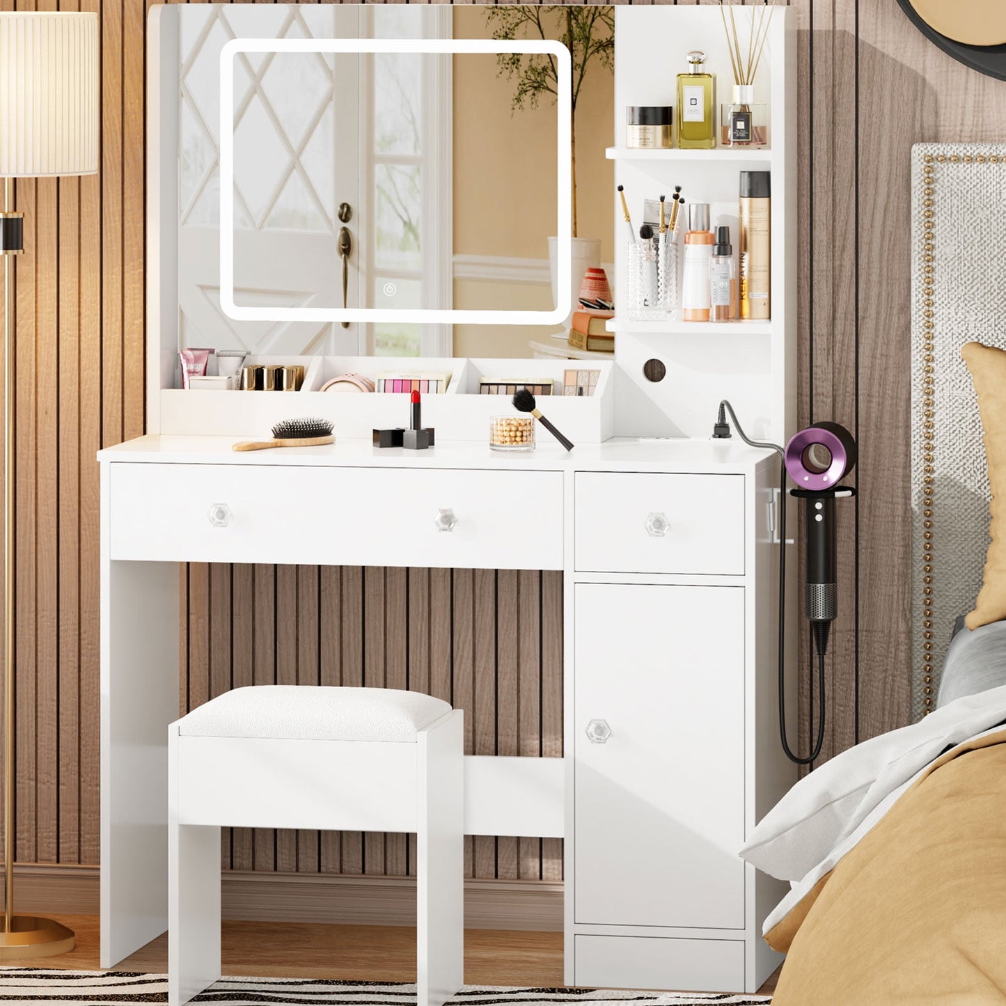 Satifur White Vanity Desk Set with Mirror and Lights, Makeup Table with Charging Station, Comfortable Bench, Big Vanity with 3 Storage Compartments, 39.4in