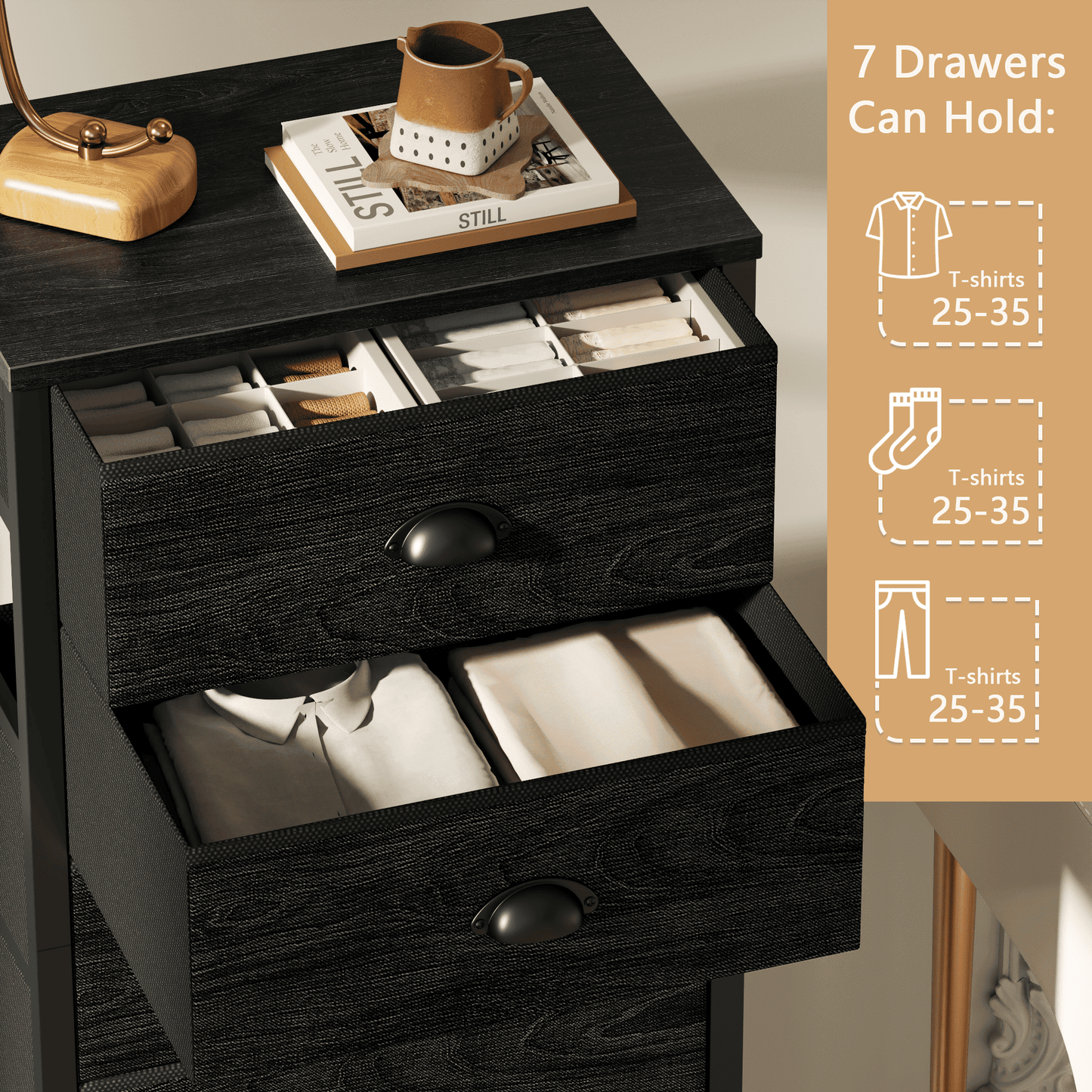 Tydimor 7-Drawer Tall Dresser Bedside Fabric Nightstand with Storage,Black Oak