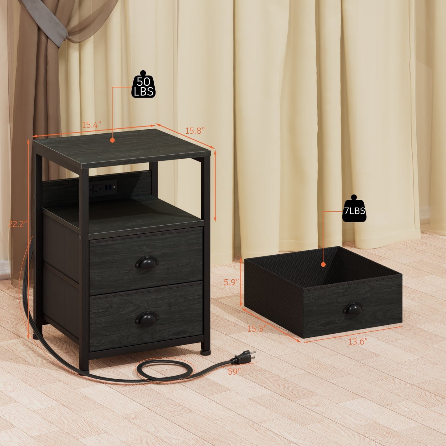 Satifur Nightstand Set of 2, Side End Table with Charging Station, Black Oak