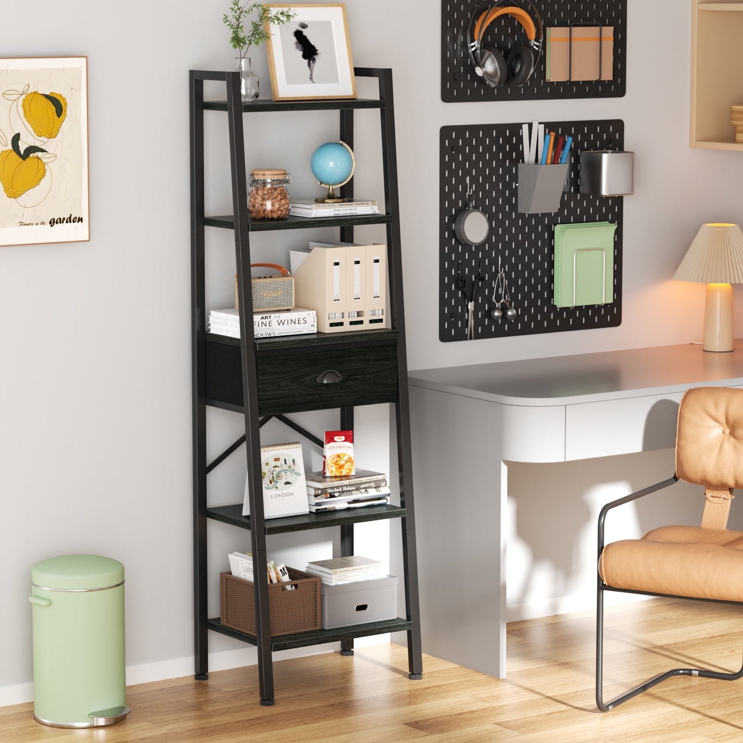 Tydimor 5-Tier 59.5" Ladder Bookshelf with Removable Drawers Narrow Bookcase for Living Room,Black Oak
