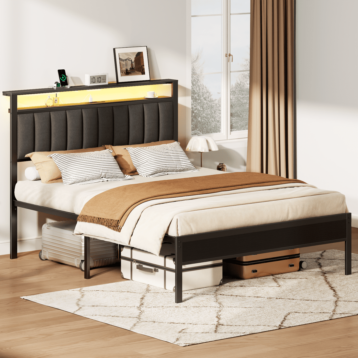 Satifur Queen LED Bed Frame with Smart RGB Lights, Headboard Charging Station, Versatile Storage Solution, Comfortable Upholstered Backrest, No Box Spring Needed