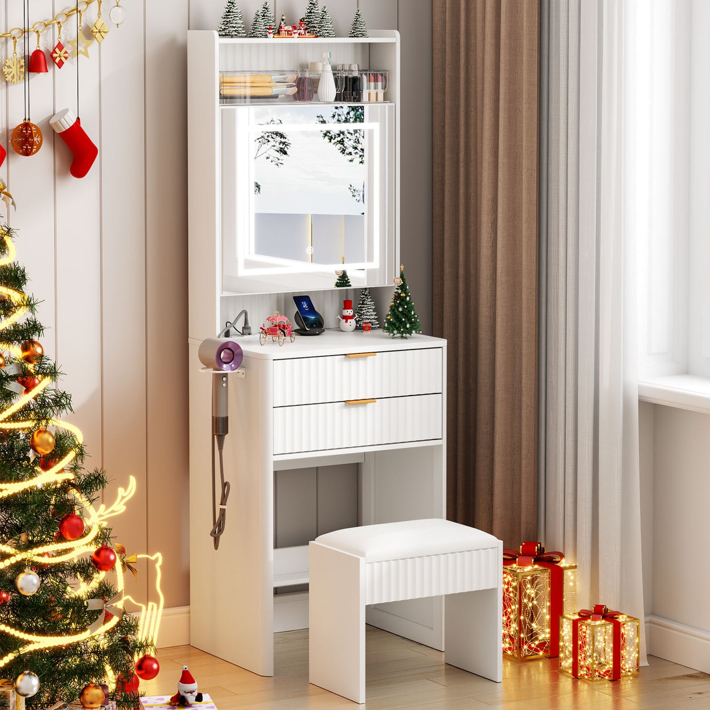 Satifur Vanity Set with Lighted Mirror, Women Dressing Desk with Stool, Drawers & Charging Station, Adult Makeup Vanity with Shelves, White