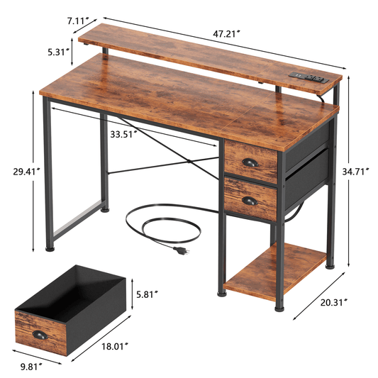 Satifur Computer Desk with Power Outlets & LED Lights, Home Office Desk with 2 Drawers, LED Change Colors Standing Gaming Desk, Rustic Brown-1