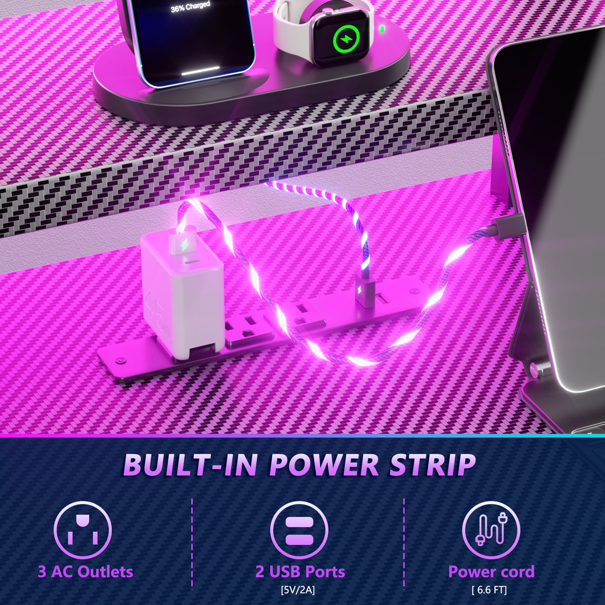 Satifur 55" Carbon Fiber Gaming Desk L-Shaped Computer Desk, RGB Lights & Power Outlets, Black