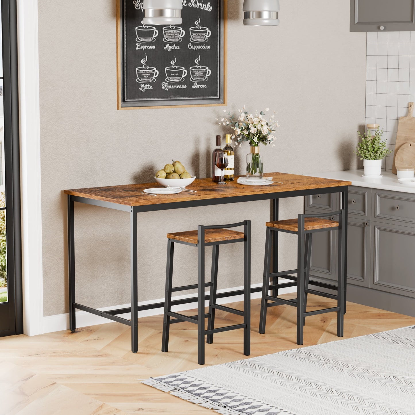 TYDIMOR Bar Stools, Set of 2 Bar Chairs, 24 Inch Saddle Stools, Kitchen Counter Stools with Footrests, Industrial Stools for Dining Room, Kitchen, Counter, Bar, Rustic Brown and Black