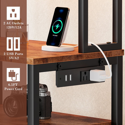 Satifur Tall Nightstand with Hutch, Charging Station, Pegboard & Drawers,Multifunctional Bedside Table with USB Ports, Rustic Brown