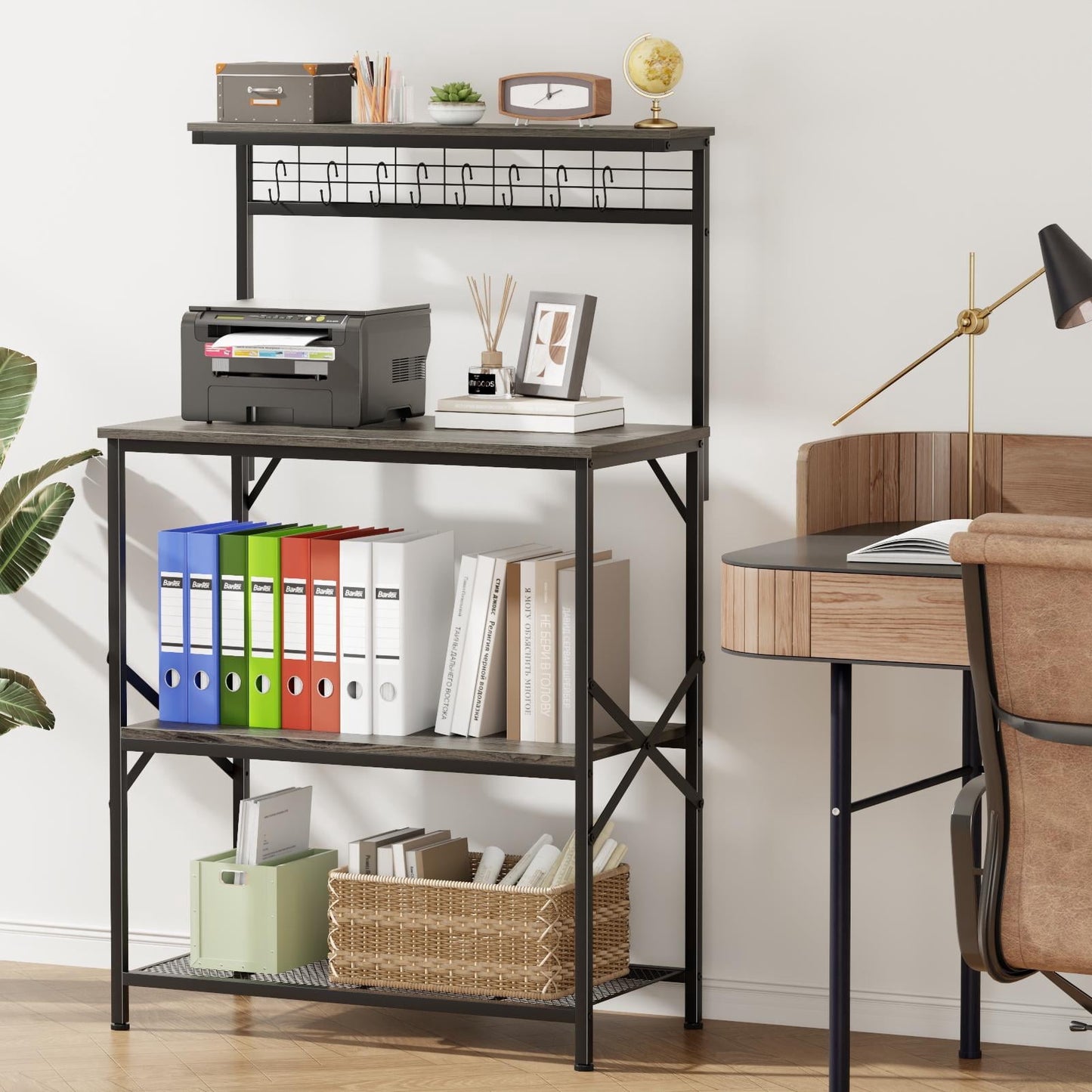 Tydimor Baker's Rack with 8 Hooks, Kitchen Microwave Stand, 4-Tier Coffee Bar Table, Space-Saving Kitchen Storage Shelf, Light Black Oak