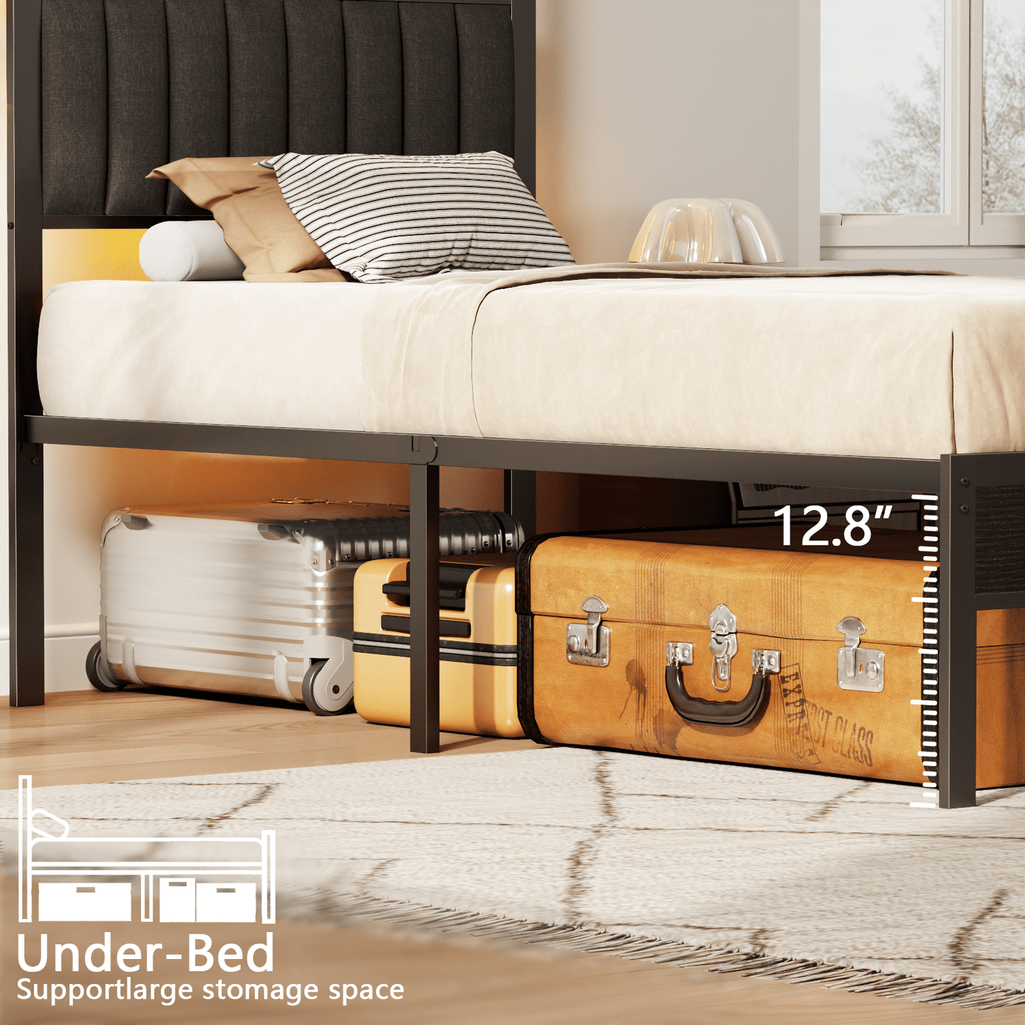 Satifur Twin LED Bed Frame with Smart RGB Lights, Headboard Charging Station, Versatile Storage Solution, Comfortable Upholstered Backrest, No Box Spring Needed