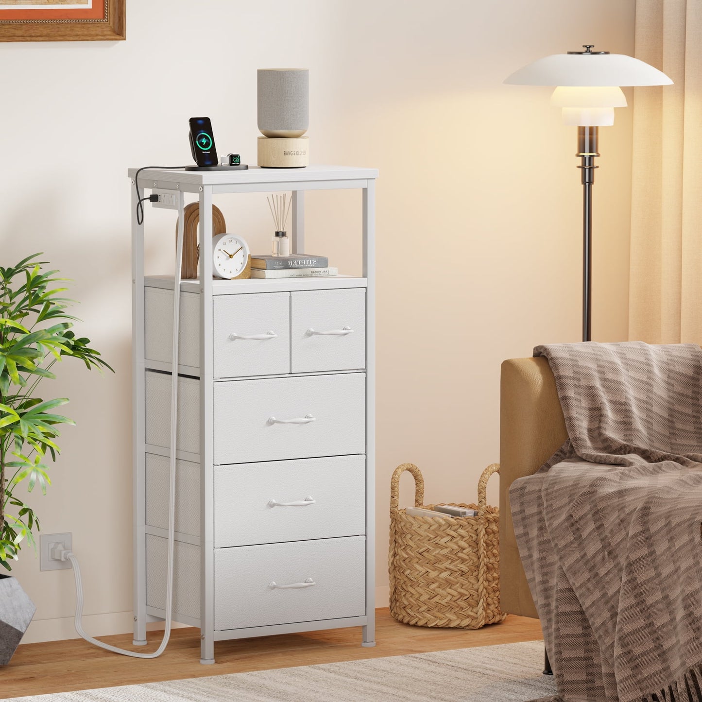 Satifur LED Dresser for Bedroom with Charging Station, 5 Fabric Drawers Tall Nightstand Open Shelf, White