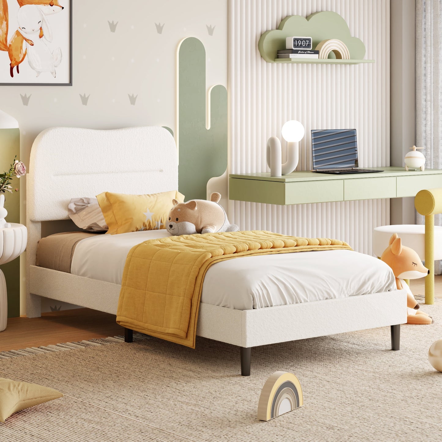 Satifur Twin Bed Frame with Teddy Velvet Soft Curved Headboard, Platform Bed Easy Assembly, Noise-Free, White