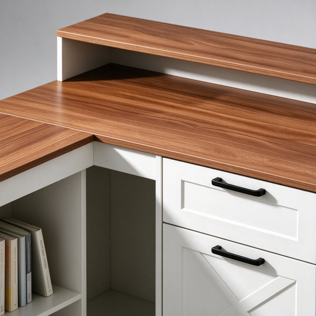 Satifur 59 Inch Farmhouse L‑Shaped Computer Desk with Power Outlet, Home Office Desk with Hutch, Storage Shelves, Cabinet & Printer Stand, Walnut Brown and White