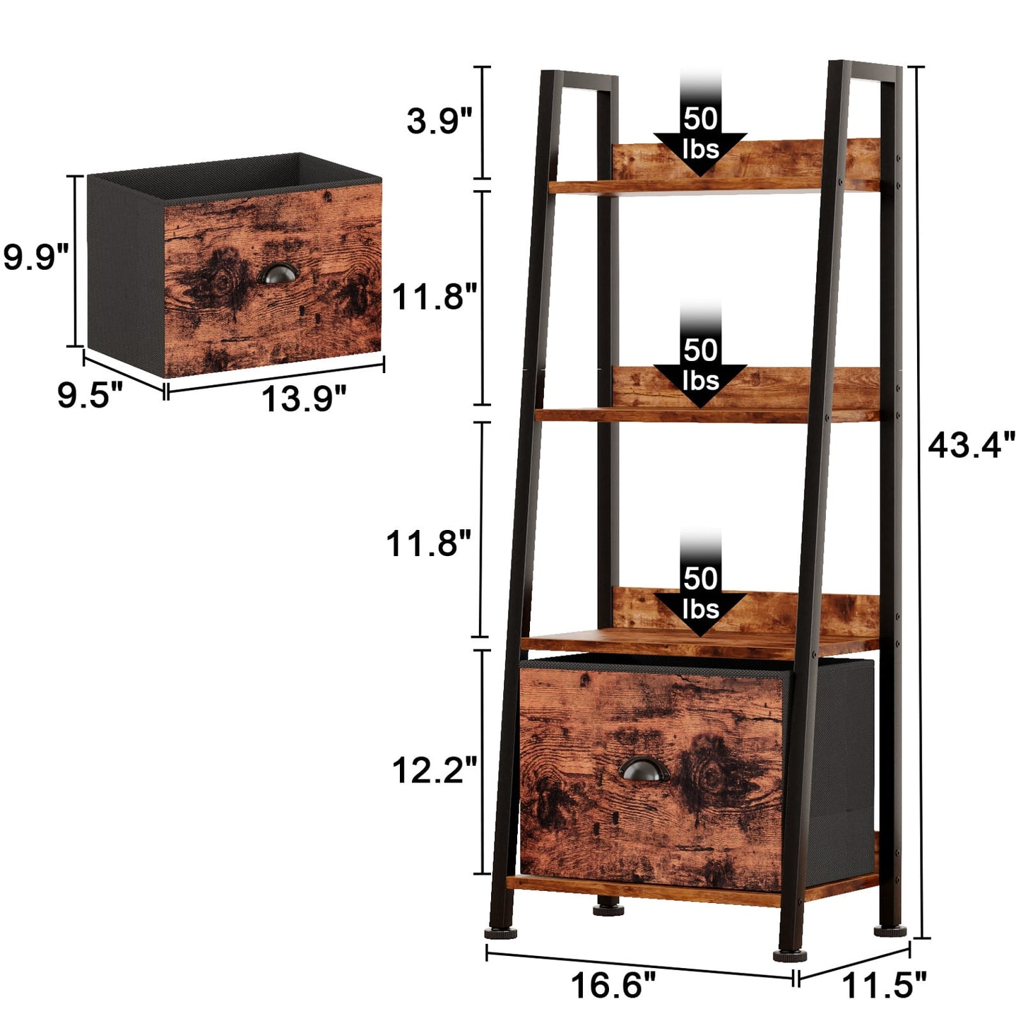 Tydimor 4-Tier Ladder Bookshelf With Drawer, Leaning Bookcase Storage Display Shelf,Rustic Brown