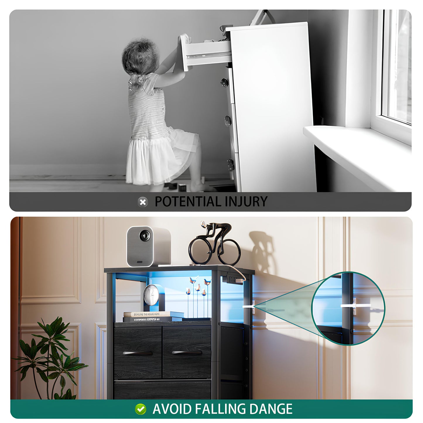 TYDIMOR 4 Drawer Dresser,Small Dresser with Charging Station and LED, Black, for Bedroom and Living Room