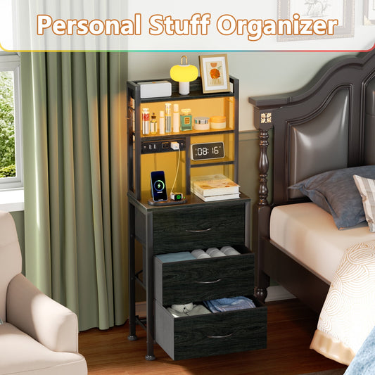 Satifur Tall Nightstand with Charging Station and LED Lights, Bedside Table with Drawers and Bookshelf, Black