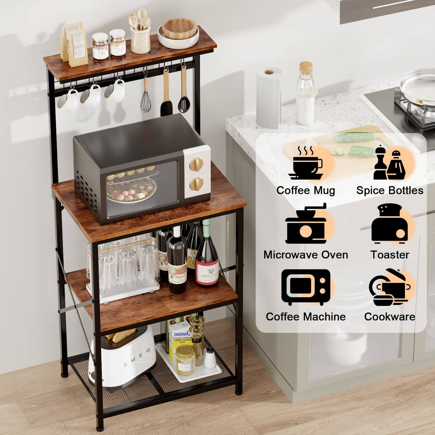 TYDIMOR Baker's Rack with Hutch, Microwave Stand Kitchen Organizer 4 Tier Storage Shelf for Kitchen Home Office