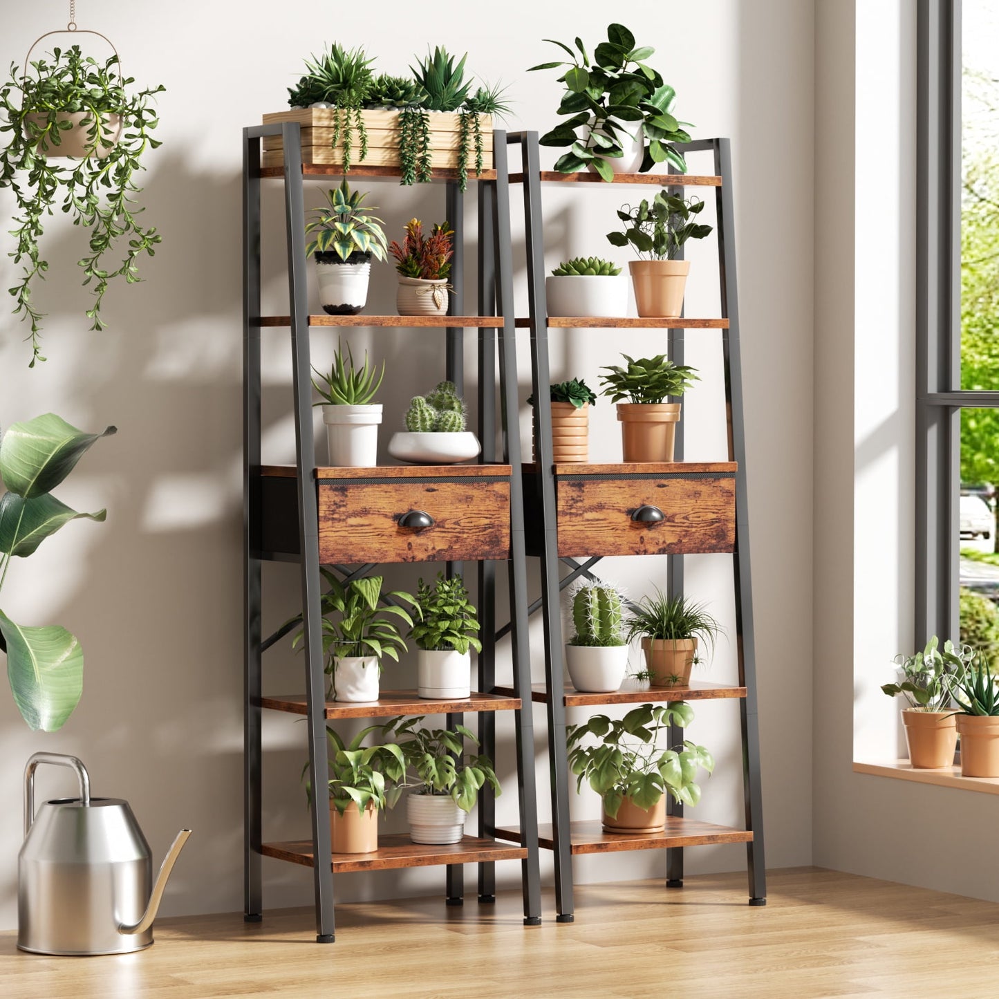 Tydimor 5-Tier 59.5" Ladder Bookshelf with Removable Drawers Narrow Bookcase for Living Room,Rustic Brown