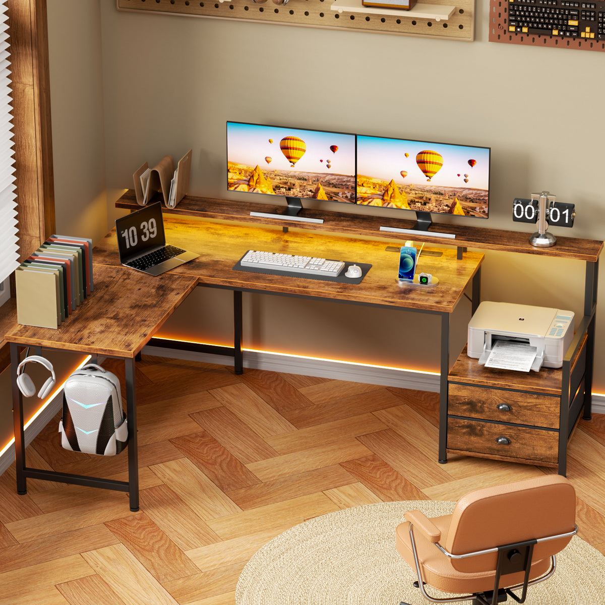 Satifur 66" L-Shaped Gaming Desk with LED Lights & Power Outlets, Computer Desk with Drawers & Printer Stand, Rustic Brown