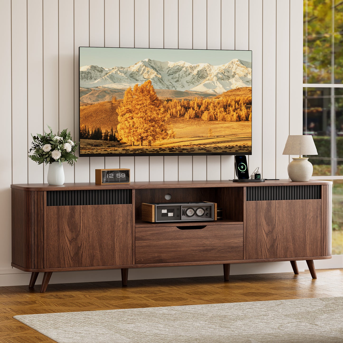 Tydimor TV Cabinet Stands for TVs up to 70", Entertainment Center with Storage Shelf & Outlet, Media Console Table with Drawers for Living Room