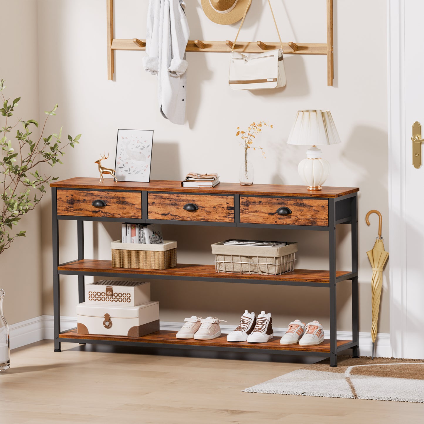 Satifur 47" Entryway Table with 4 Fabric Drawers, Console Table Metal Frame Sofa Table with 2 Shelves for Living Room and Hallway,Brown