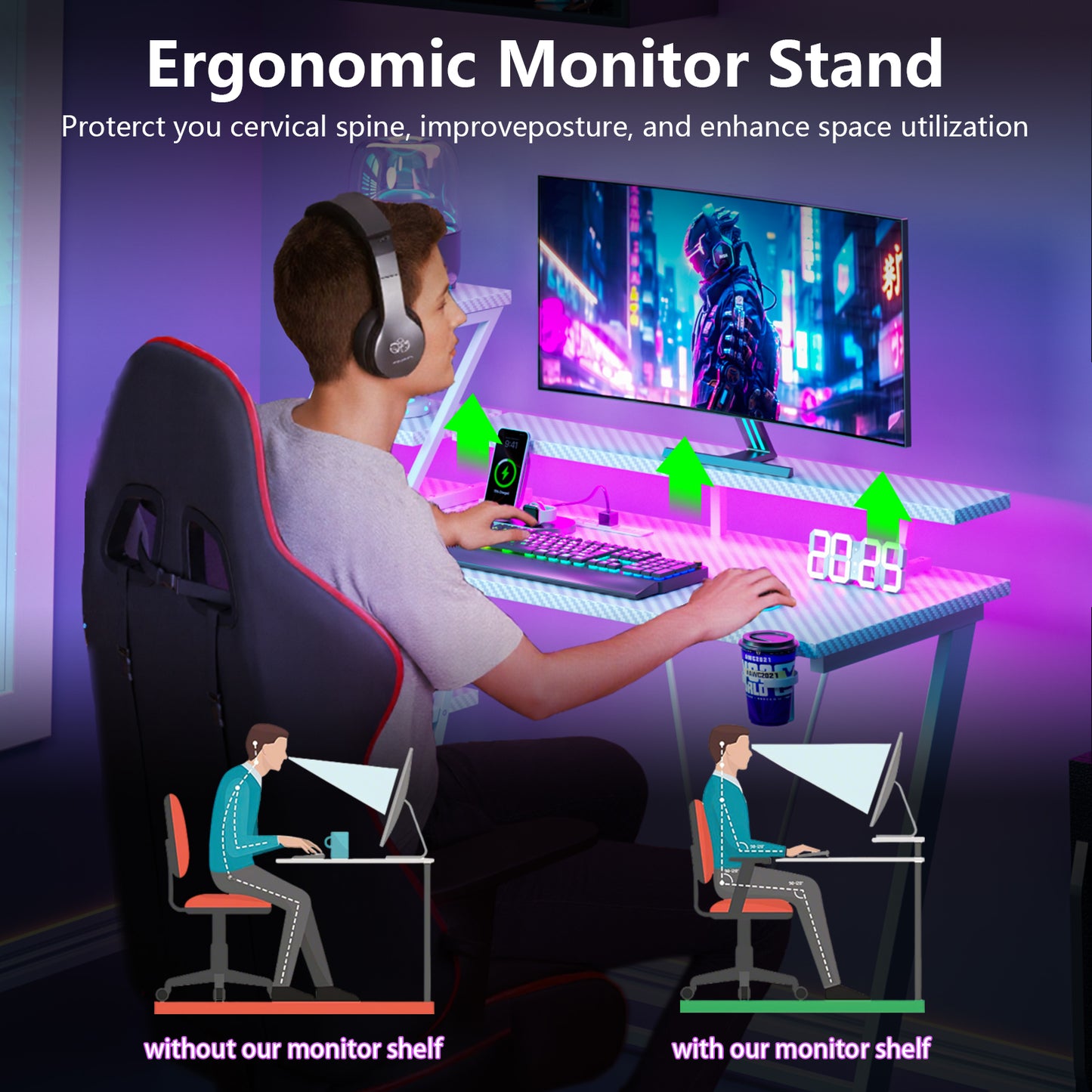 Satifur 39" Carbon Fiber Gaming Desk L-Shaped Computer Desk, RGB Lights & Power Outlets, White