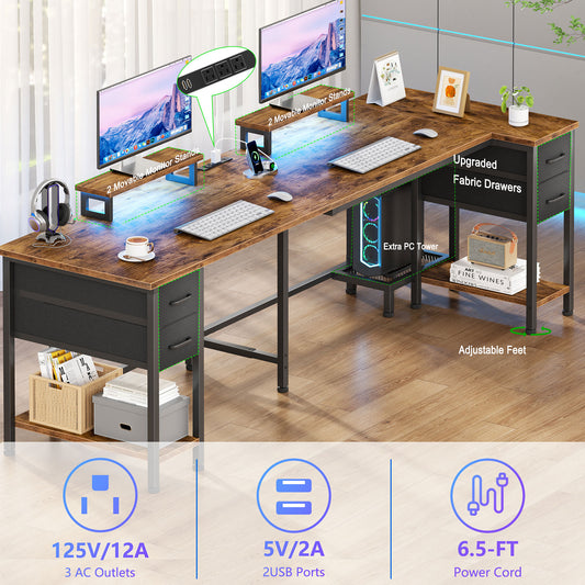 Satifur Computer Desk with Power Outlet & LED Light, Home Office Writting Desk for 2 Person 93" with Drawers & Monitor Stands, Rustic
