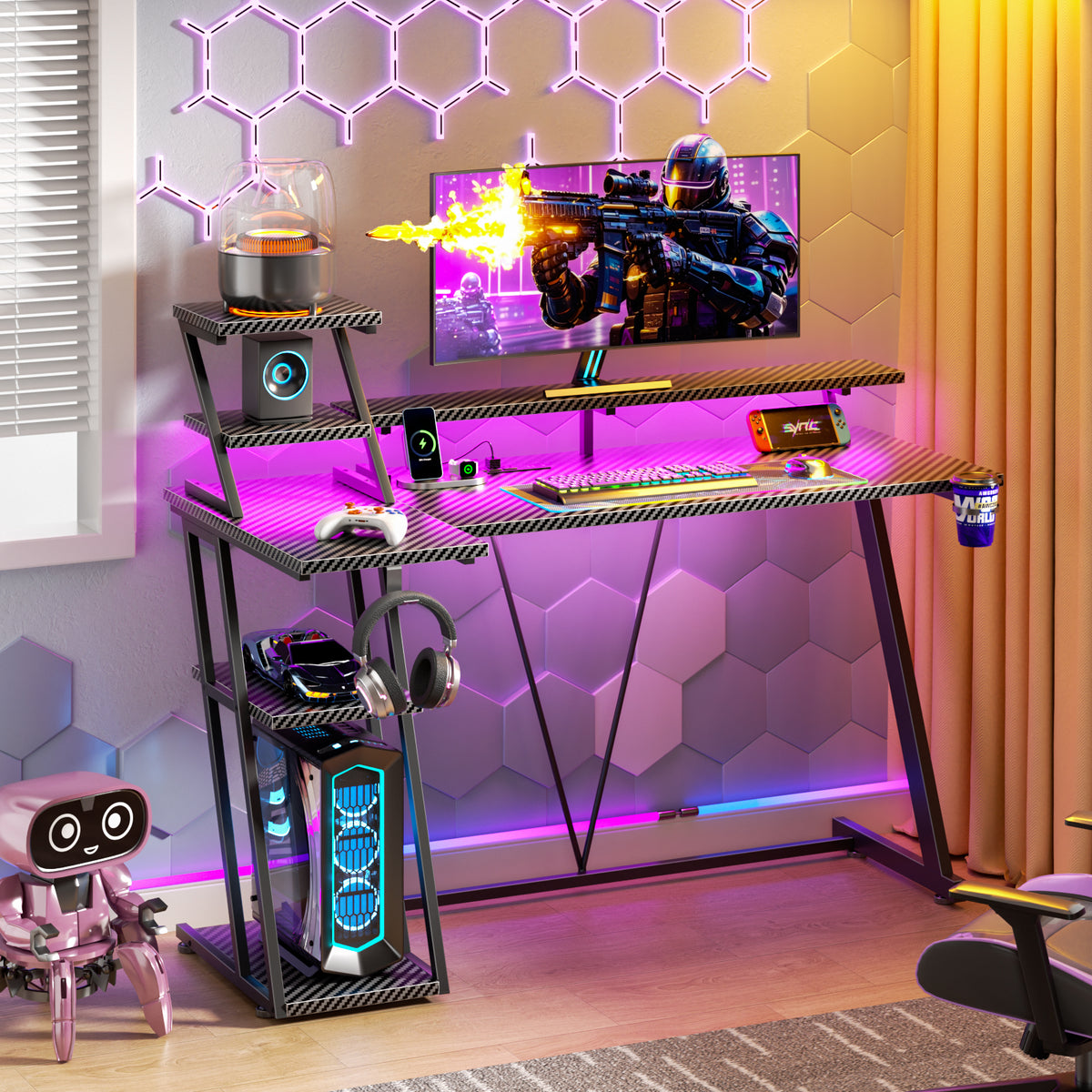 Satifur 47" Carbon Fiber Gaming Desk L-Shaped Computer Desk, RGB Lights & Power Outlets, Black