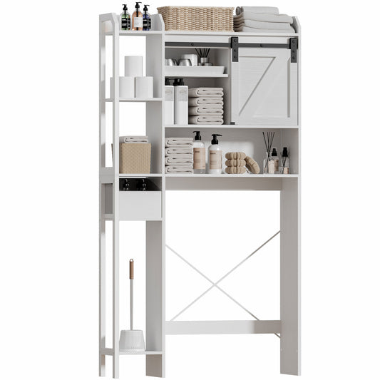 Satifur Over The Toilet Storage Cabinet, Bathroom Space Saver with Sliding Barn Door, 6-Tier Freestanding Bathroom Shelf Farmhouse Organizer, White