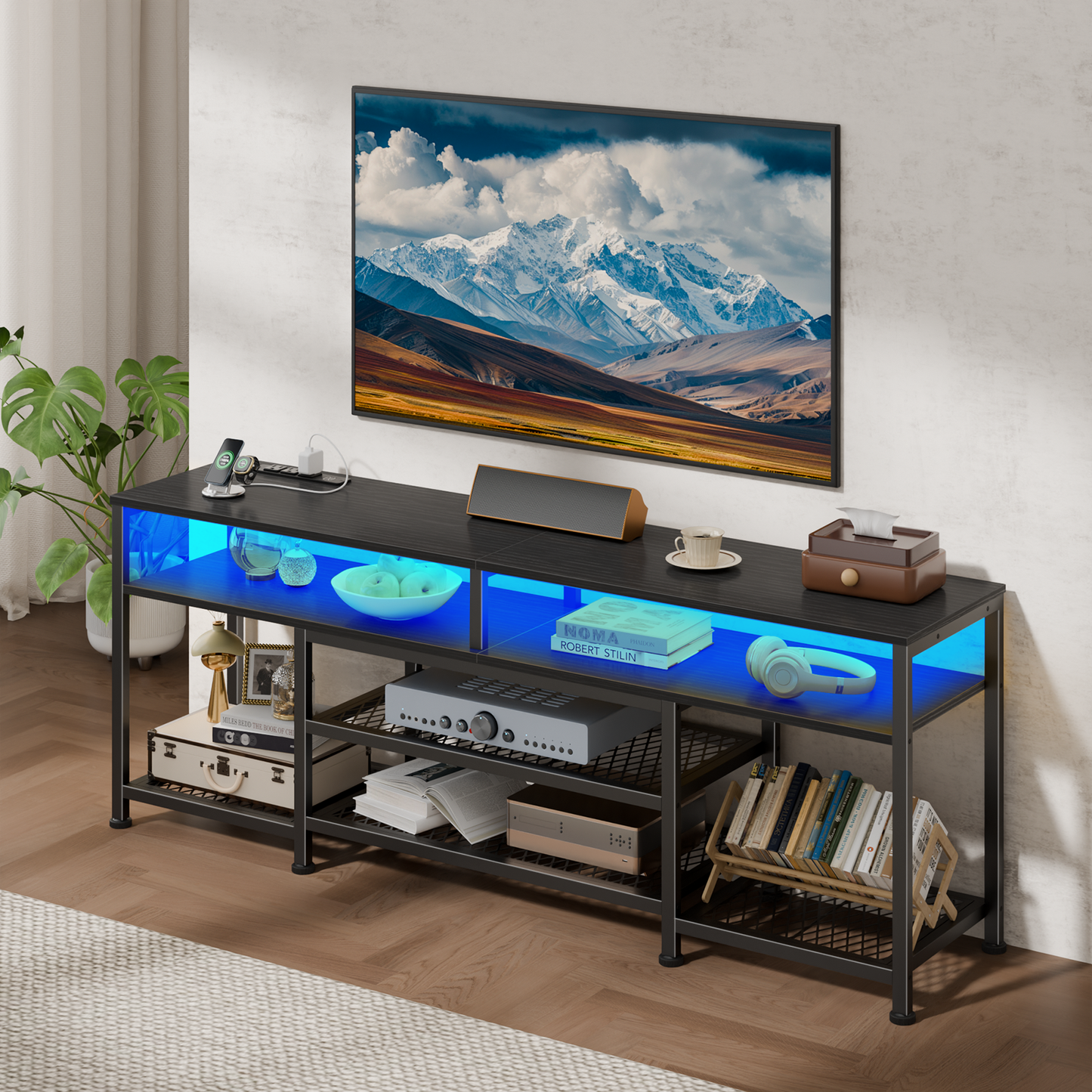Tydimor Modern TV Stand for TVs up to 70", Media Console with Storage for Living Room, LED Entertainment Center with Outlets, Black