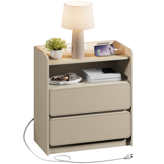 Iezza Nightstand with Charging Station, Saddle Leather Top & Drawer Surface Bedside Table, Open Shelf, Versatile End Table for Bedroom Living Room Entryway