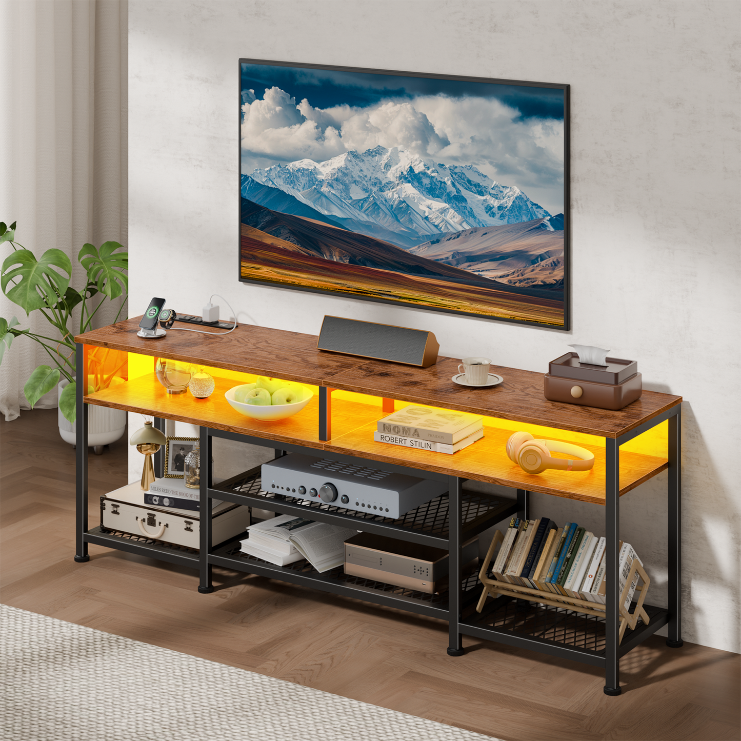 Tydimor Modern TV Stand for TVs up to 65", Media Console with Storage for Living Room, LED Entertainment Center with Outlets, Rustic Brown