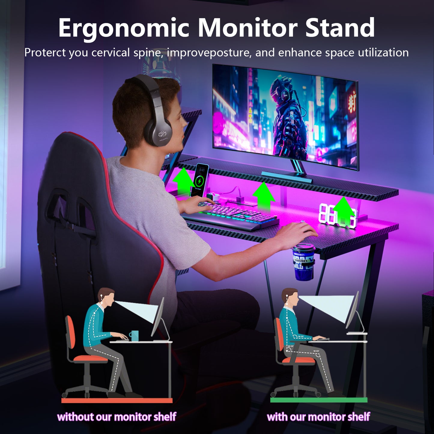 Satifur 39" Carbon Fiber Gaming Desk L-Shaped Computer Desk, RGB Lights & Power Outlets, Black