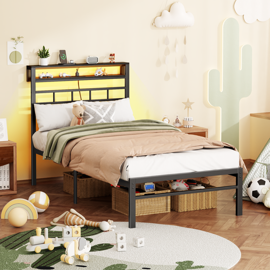 Satifur Twin Size Bed Frame with LED Storage Headboard Shelf, 43.14" High Metal Platform Bed, Black oack