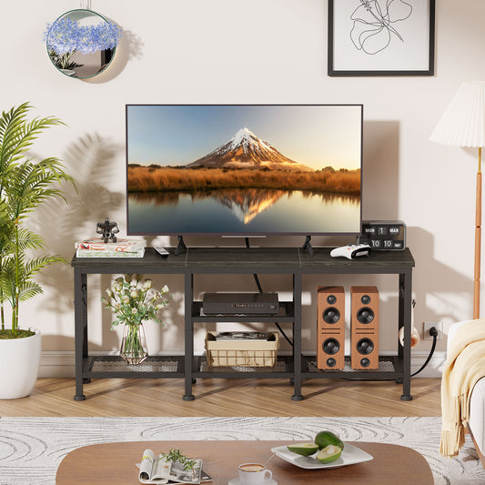 Tydimor Vintage TV Stand for TVs up to 55" TVs with Open Storage Shelves Metal Frame, Light Black OAk