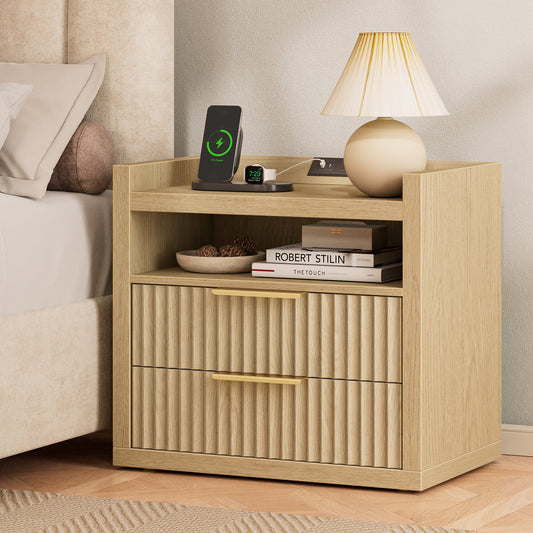 Satifur Modern Fluted Nightstand with Charging Station & 2 Storage Drawer for Bedroom