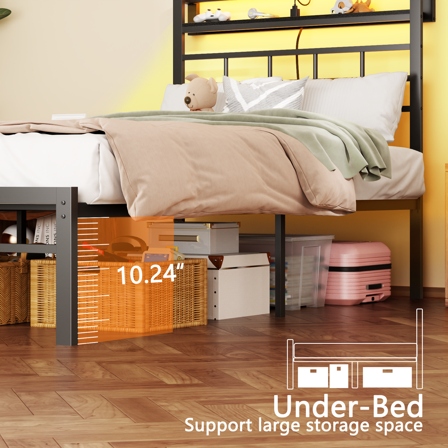 Satifur Twin Size Bed Frame with LED Storage Headboard Shelf, 43.14" High Metal Platform Bed, Black oack