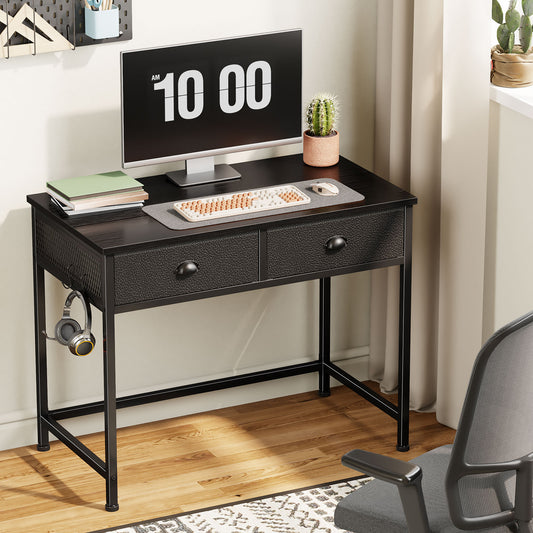 Satifur Computer Desk with Drawers & Hooks, 34" Writing Desk with 2 Fabric Drawers for Bedroom, Black