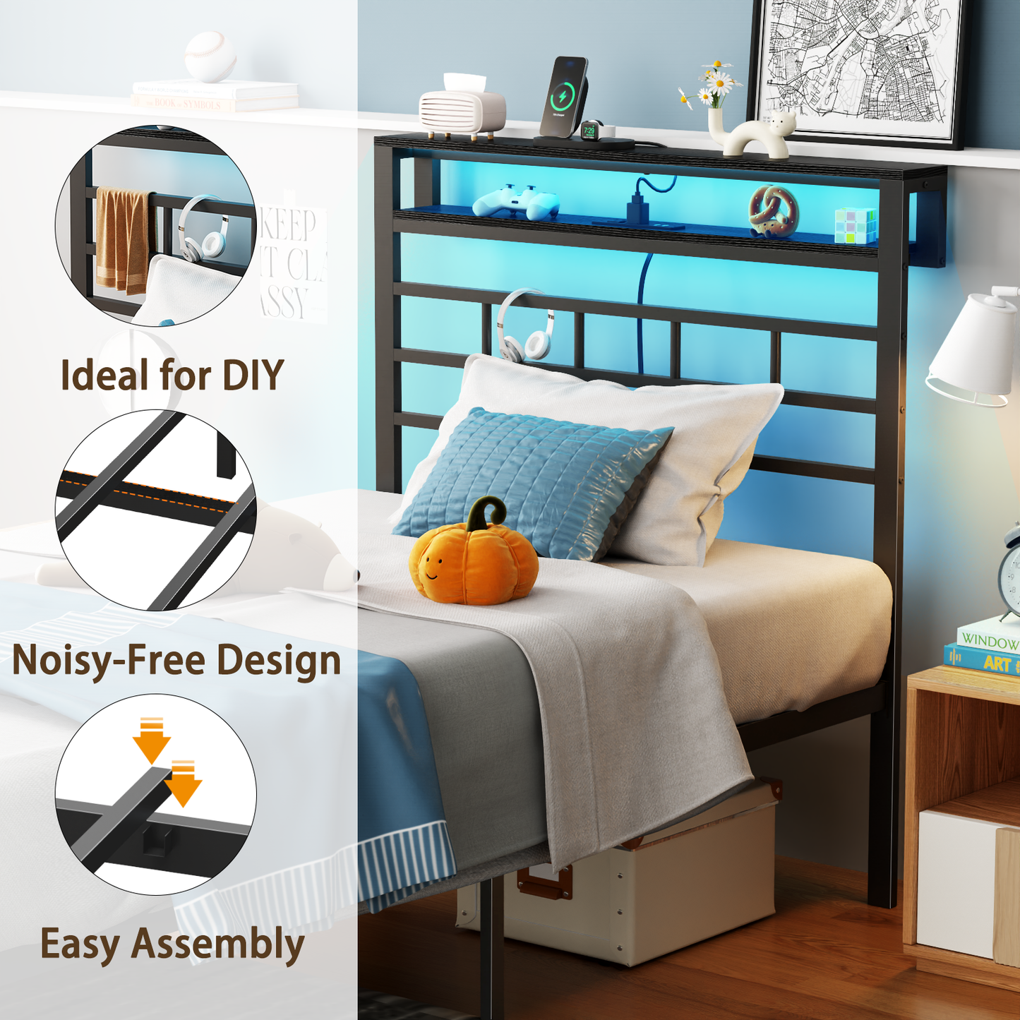 Satifur Twin Size Bed Frame with LED Storage Headboard Shelf, 43.14" High Metal Platform Bed, Black oack