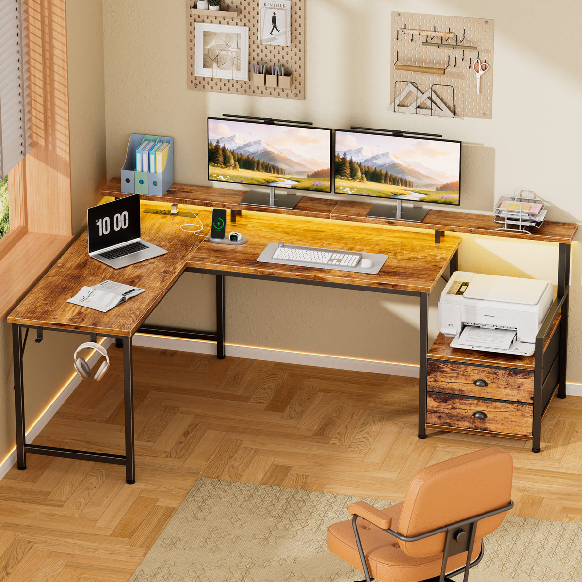 Satifur 57" L-Shaped Gaming Desk with LED Lights & Power Outlets, Computer Desk with Drawers & Printer Stand, Rustic Brown