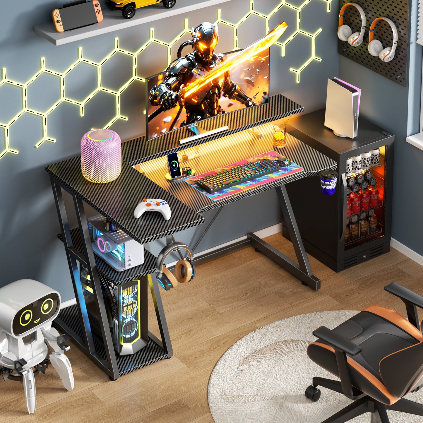 Satifur 39" Pro L-Shaped Gaming Desk Black, RGB LED, Power Hub & Monitor Riser for Ultimate Setup