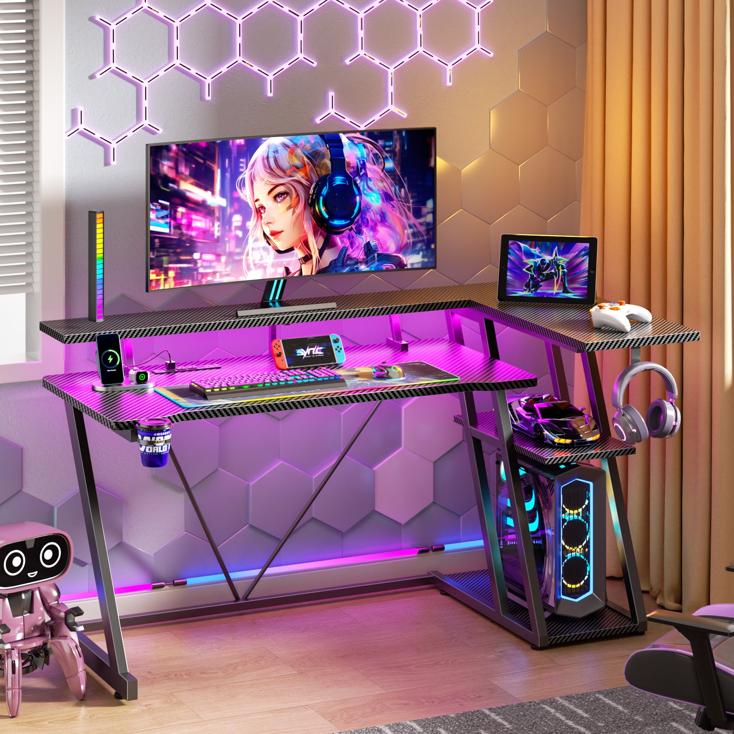 Satifur 55" Pro L-Shaped Gaming Desk Black, RGB LED, Power Hub & Monitor Riser for Ultimate Setup