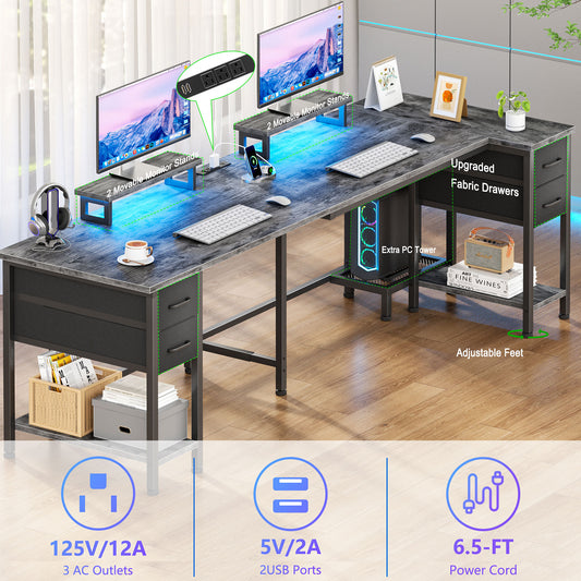 Satifur Computer Desk with Power Outlet & LED Light, Home Office Writting Desk for 2 Person 93" with Drawers & Monitor Stands, Grey