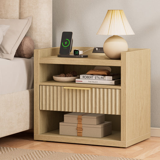 Satifur Modern Fluted Nightstand with Charging Station Storage Drawer, End Table with Open Shelf