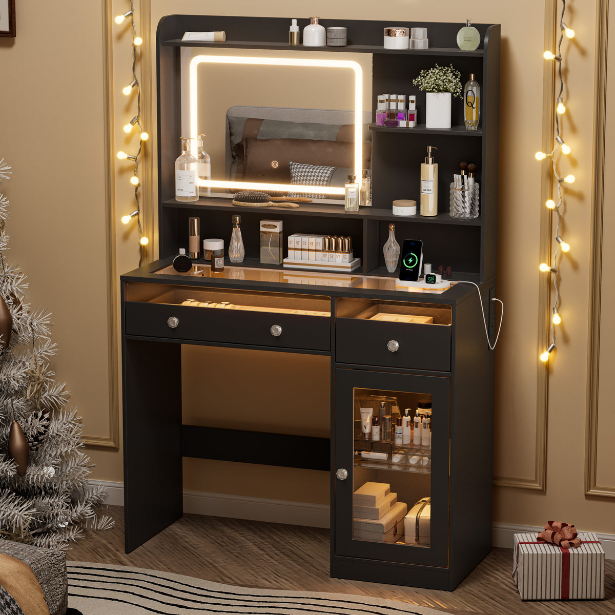 Satifur Modern LED Vanity Desk with Charging Station,Visible Tabletop & Storage, Black Makeup Table for Bedroom