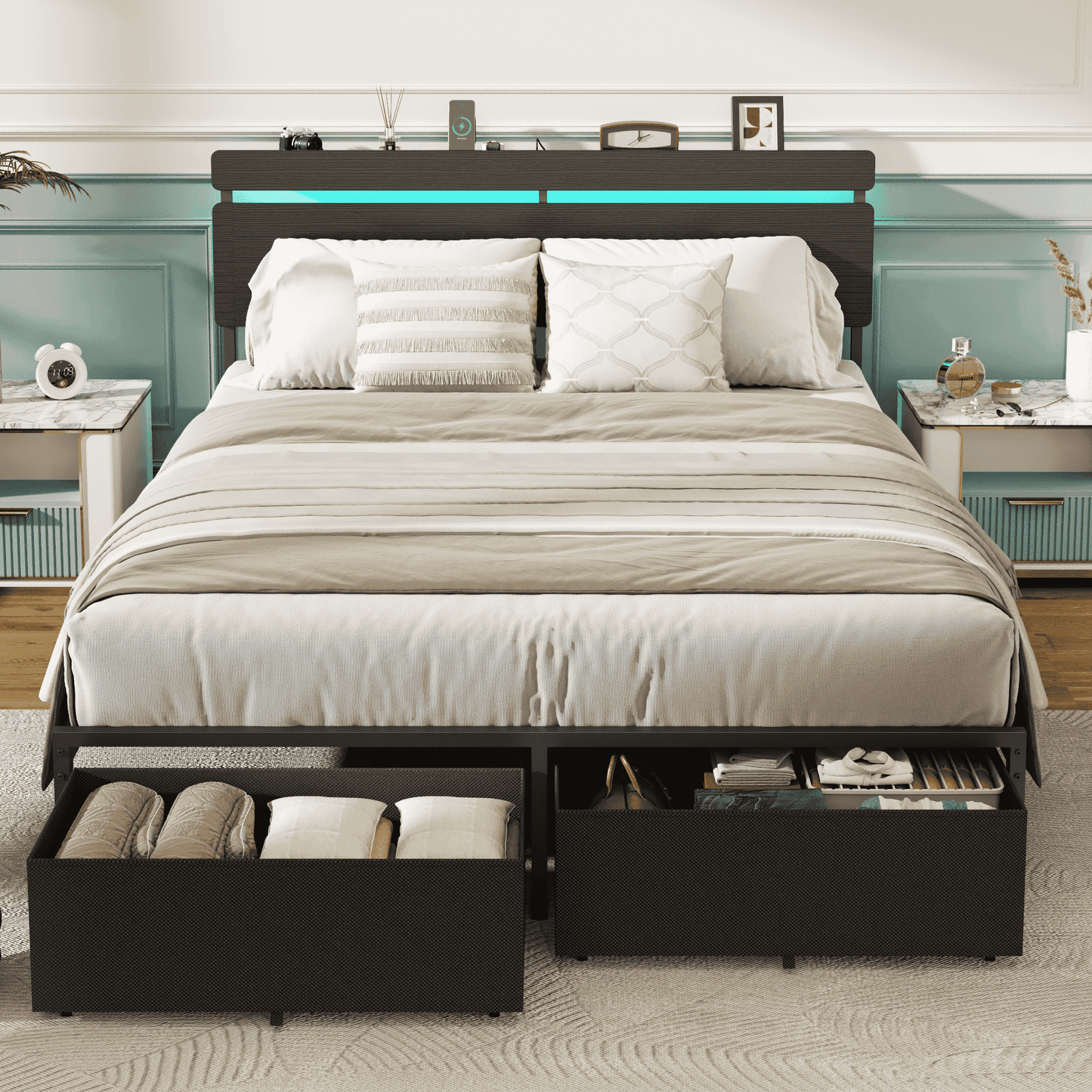 Satifur Queen Size Bed Frame with 2 Drawers & LED Lights & Charging Station, Beds with Headboard & 10.10" Under Bed Storage, No Box Spring Needed, Easy Assembly, Black