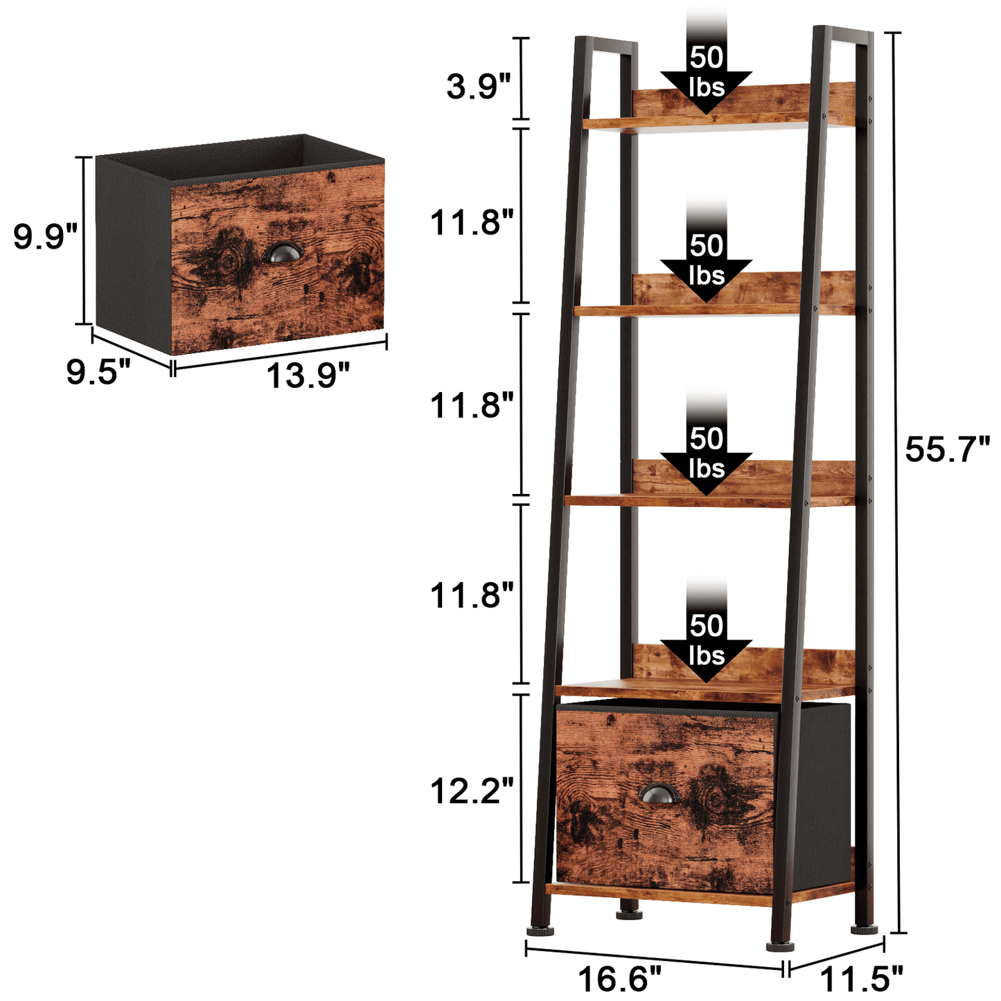 Tydimor 5-Tier Ladder Bookshelf With Drawer, Leaning Bookcase Storage Display Shelf,Rustic Brown
