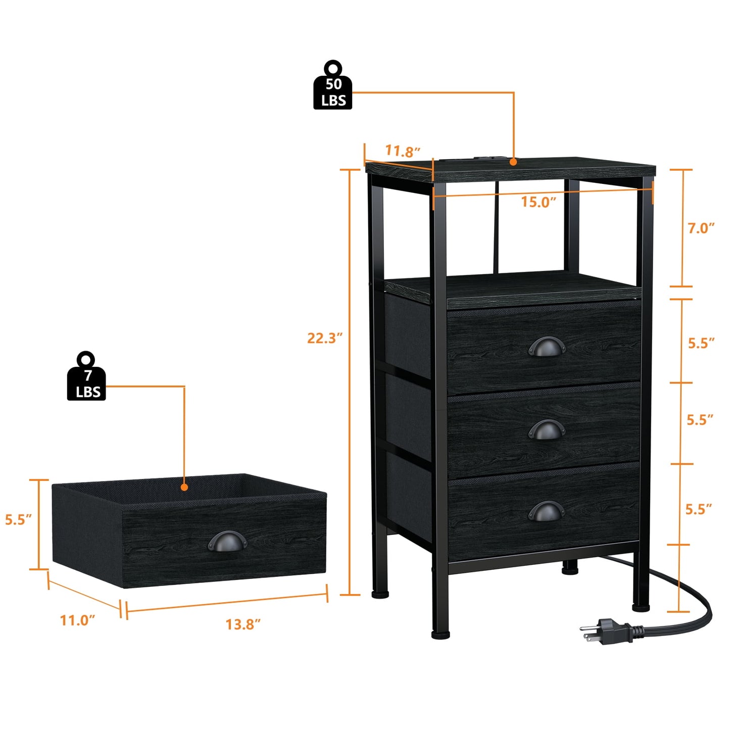 Satifur Nightstand with Charging Station Bedside Table with Fabric Storage Drawers, Black Oak