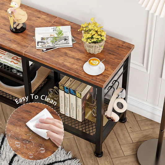 Tydimor Vintage TV Stand for TVs up to 55" TVs with Open Storage Shelves Metal Frame, Light Black OAk