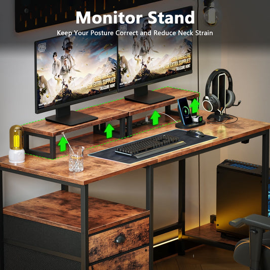 Hexmn Office Desk with Movable Monitor Stands,Gaming Desk with Storage Shelves and File Cabinet, Rustic Brown